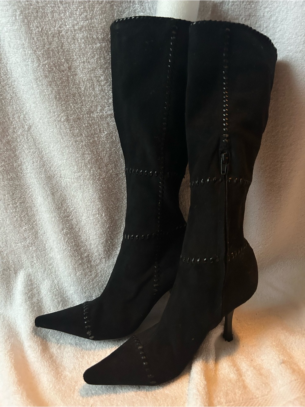 BCBG Black Suede Pointed Toe Stiletto Knee Boots with Whipstitch Detail